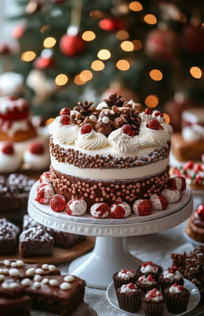 Christmas cakes and sweets arranged on a table, with a blurred Christmas tree backgroundの素材