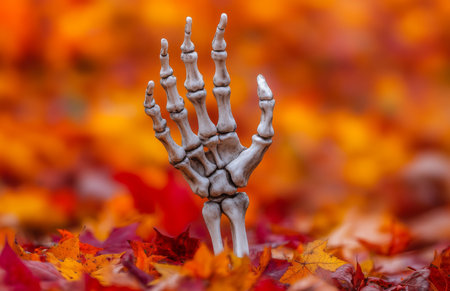 Halloween skeleton hand on background of autumn leaves. Halloween concept.の素材
