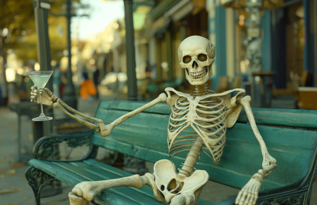 A skeleton sitting on a green bench, holding a martini glass, waving to cameraの素材