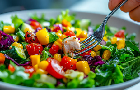 A person eating a fresh salad with colorful vegetables and meat or fish, promoting healthy foodの素材