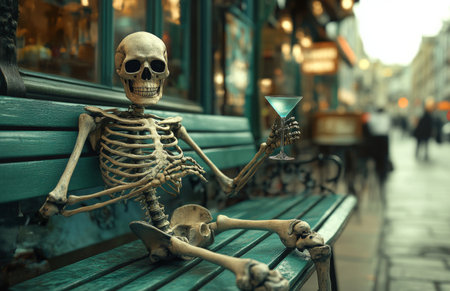 A skeleton sitting on a green bench, holding a martini glass, waving to cameraの素材