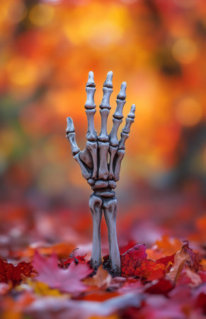 A skeletal hand emerges from the ground, surrounded by autumn leaves, eerie seasonal atmosphereの素材