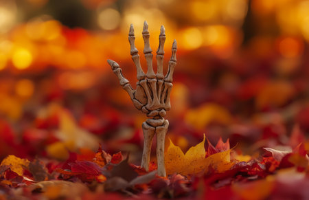 A skeletal hand emerges from the ground, surrounded by autumn leaves, eerie seasonal atmosphereの素材