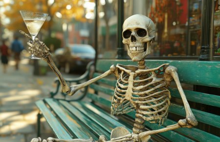 A skeleton sitting on a green bench, holding a martini glass, waving to cameraの素材
