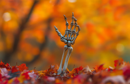 A skeletal hand emerges from the ground, surrounded by autumn leaves, eerie seasonal atmosphereの素材