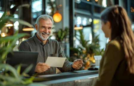 Elderly male receptionist handing envelope to female customer at office front desk interactionの素材