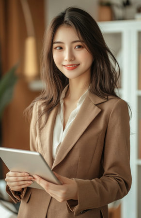 A young Asian businesswoman in a brown suit uses a tablet while standing at a deskの素材