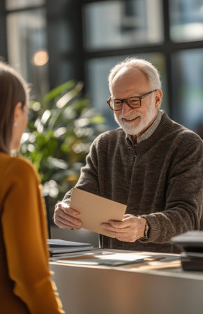 Elderly male receptionist handing envelope to female customer at office front desk interactionの素材