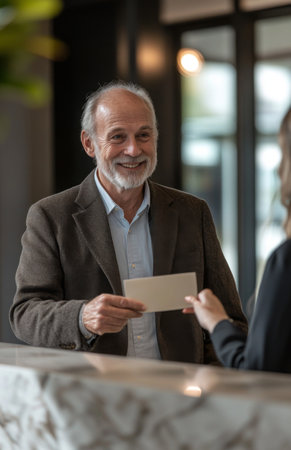 Elderly male receptionist handing envelope to female customer at office front desk interactionの素材