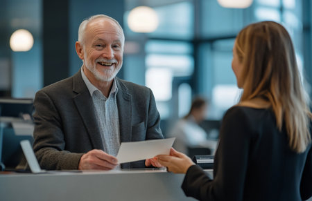 Elderly male receptionist handing envelope to female customer at office front desk interactionの素材