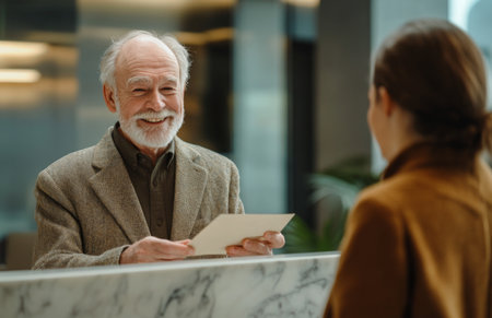 Elderly male receptionist handing envelope to female customer at office front desk interactionの素材