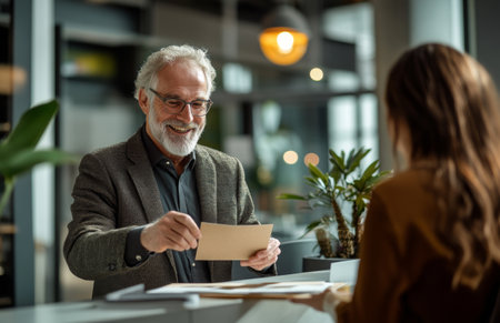 Elderly male receptionist handing envelope to female customer at office front desk interactionの素材