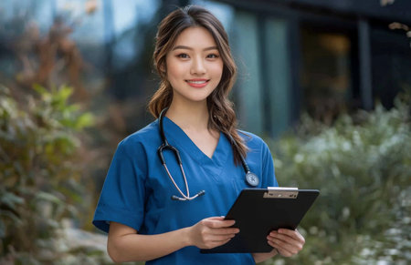 Asian nurse in scrubs smiling, holding tablet and clipboard, standing outside hospital buildingの素材
