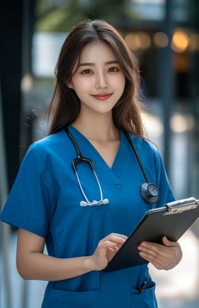 Asian nurse in scrubs smiling, holding tablet and clipboard, standing outside hospital buildingの素材
