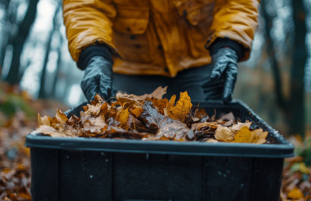 Raking autumn leaves into a metal or plastic bin, placing them in black garbage bagsの素材