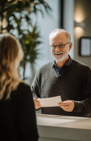Elderly male receptionist handing envelope to female customer at office front desk interactionの素材