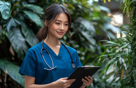 Asian nurse in scrubs smiling, holding tablet and clipboard, standing outside hospital buildingの素材