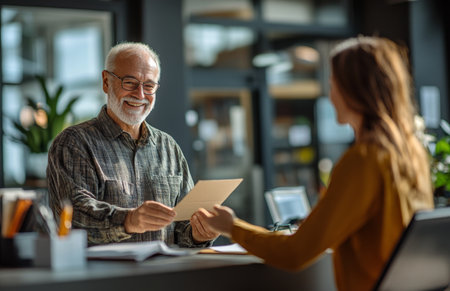 Elderly male receptionist handing envelope to female customer at office front desk interactionの素材