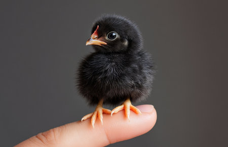 A black chicken perched delicately on the tip of a finger, showing its unique charmの素材