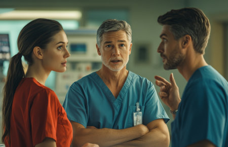 A nurse in blue scrubs interacts with two men by a hospital bedの素材
