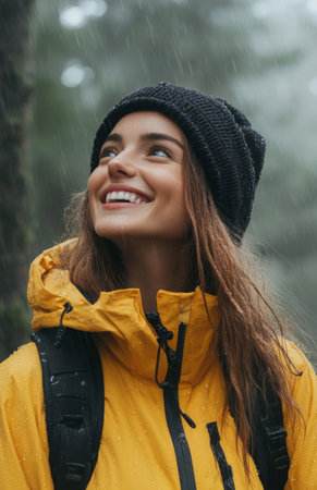 Joyful woman in yellow jacket, black beanie, covering ears from rain while hikingの素材