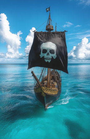 A pirate ship sails across the blue sea, proudly displaying its black and white skull flagの素材