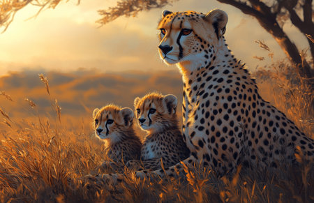 Mother cheetah and cubs resting in the savanna, showcasing wildlife beauty and maternal careの素材