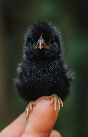 A black chicken perched delicately on the tip of a finger, showing its unique charmの素材