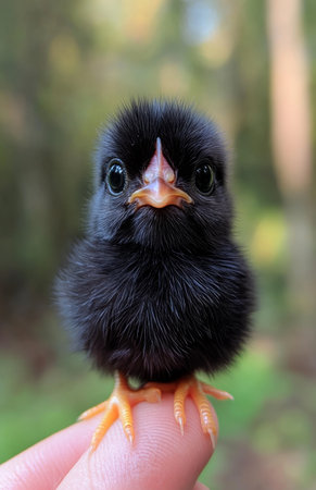 A black chicken perched delicately on the tip of a finger, showing its unique charmの素材