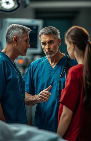 A nurse in blue scrubs interacts with two men by a hospital bedの素材