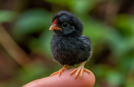 A black chicken perched delicately on the tip of a finger, showing its unique charmの素材