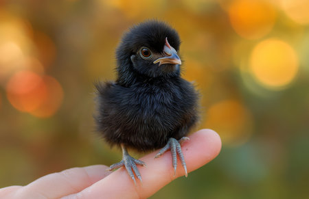 A black chicken perched delicately on the tip of a finger, showing its unique charmの素材