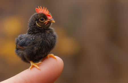 A black chicken perched delicately on the tip of a finger, showing its unique charmの素材