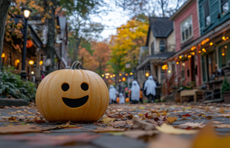 Pumpkin carved like a ghost in front of decorated houses, autumn leaves and treesの素材