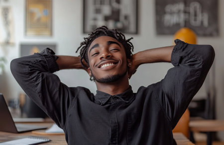 A joyful young man relaxes at a modern office desk, smiling with hands behind his headの素材