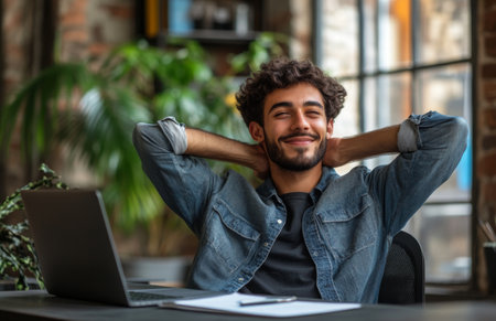 A joyful young man relaxes at a modern office desk, smiling with hands behind his headの素材