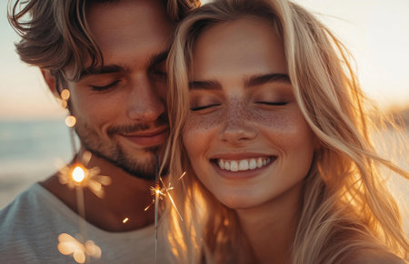 Happy couple at beach holding sparklers, celebrating love, man kissing wife's headの素材