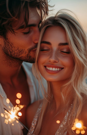 Happy couple at beach holding sparklers, celebrating love, man kissing wife's headの素材