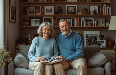 A joyful elderly couple revisits cherished family moments in their cozy, modern living roomの素材