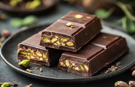Rich chocolate bar featuring a creamy pistachio filling, perfect for satisfying sweet cravingsの素材