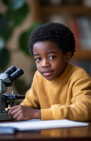Young African American boy engaged in a school science project using a microscope at homeの素材