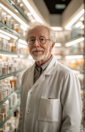 Well dressed elderly man stands in a modern pharmacy surrounded by various soaps and cosmetics.の素材