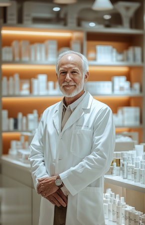 Well dressed elderly man stands in a modern pharmacy surrounded by various soaps and cosmetics.の素材