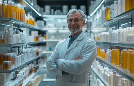 Well dressed elderly man stands in a modern pharmacy surrounded by various soaps and cosmetics.の素材