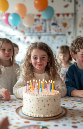 Group of kids celebrating birthday, blowing out candles, sitting around table with friends, festive decorationsの素材