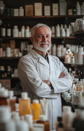 Well dressed elderly man stands in a modern pharmacy surrounded by various soaps and cosmetics.の素材