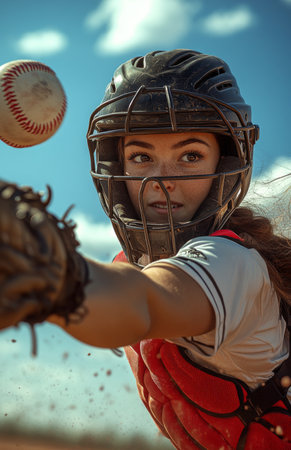 Woman baseball catcher in uniform, wearing gear and helmet, preparing to throw ball at home plateの素材