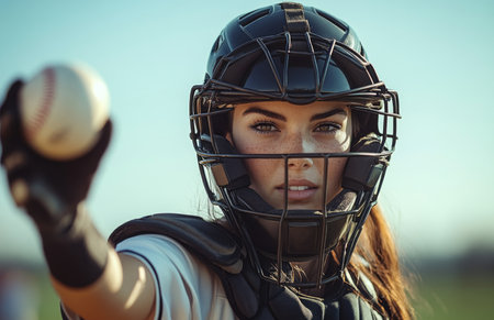 Woman baseball catcher in uniform, wearing gear and helmet, preparing to throw ball at home plateの素材