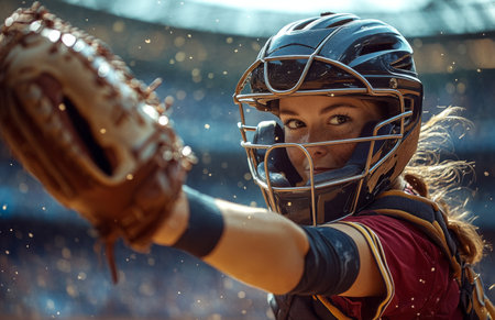 Woman baseball catcher in uniform, wearing gear and helmet, preparing to throw ball at home plateの素材
