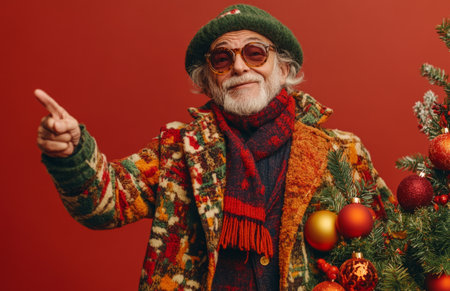 A humorous elderly man in festive attire points sideways, wearing sunglasses, on a red backdropの素材